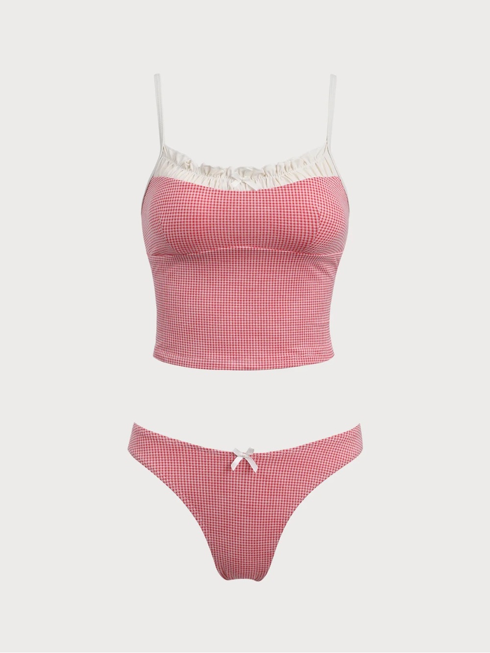 Zaful Pink Gingham Ruffle Trim Bikini Set